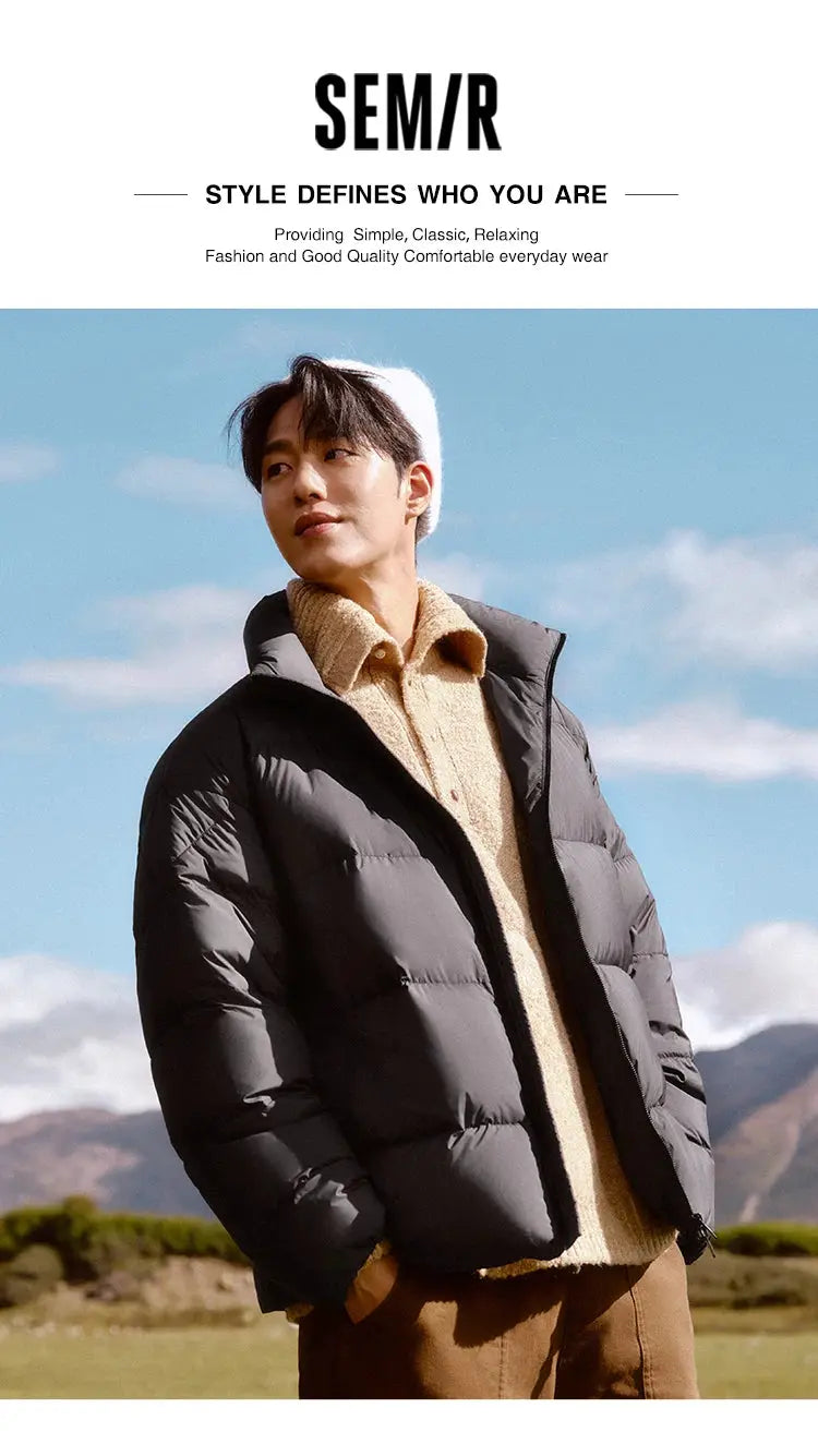 Men's black down puffer jacket by Simples Market, thick warm stand-collar coat.