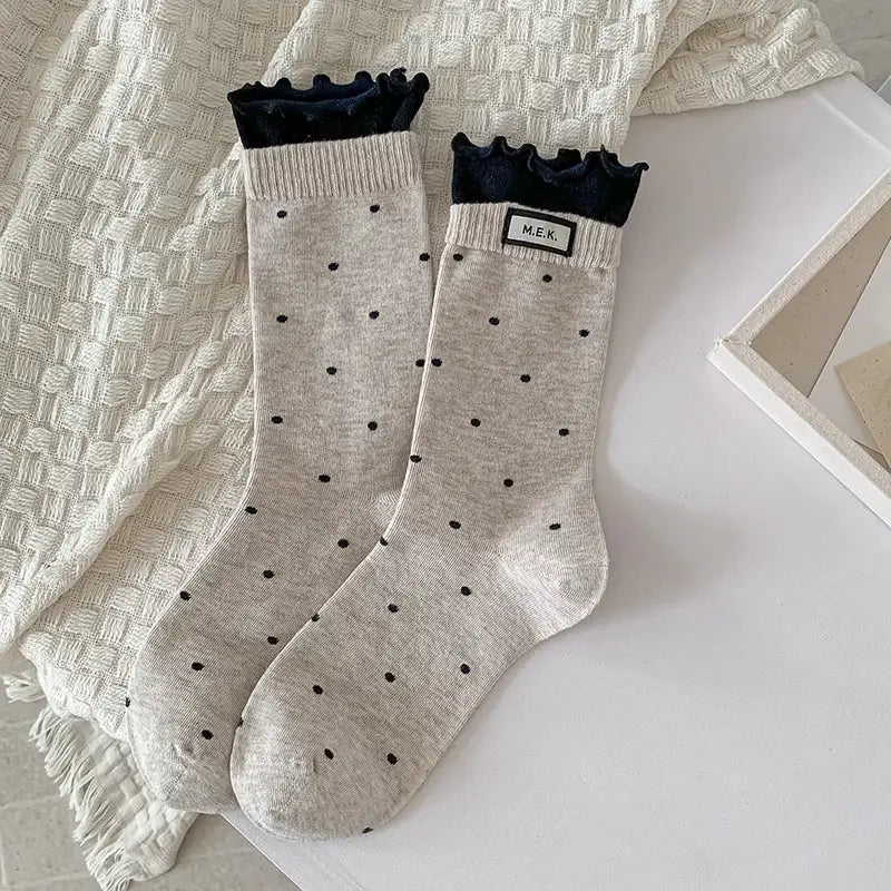 PreppySteps Womens Dots Pattern Frilly Long Socks Breathable Combed Cotton Everyday Comfort
