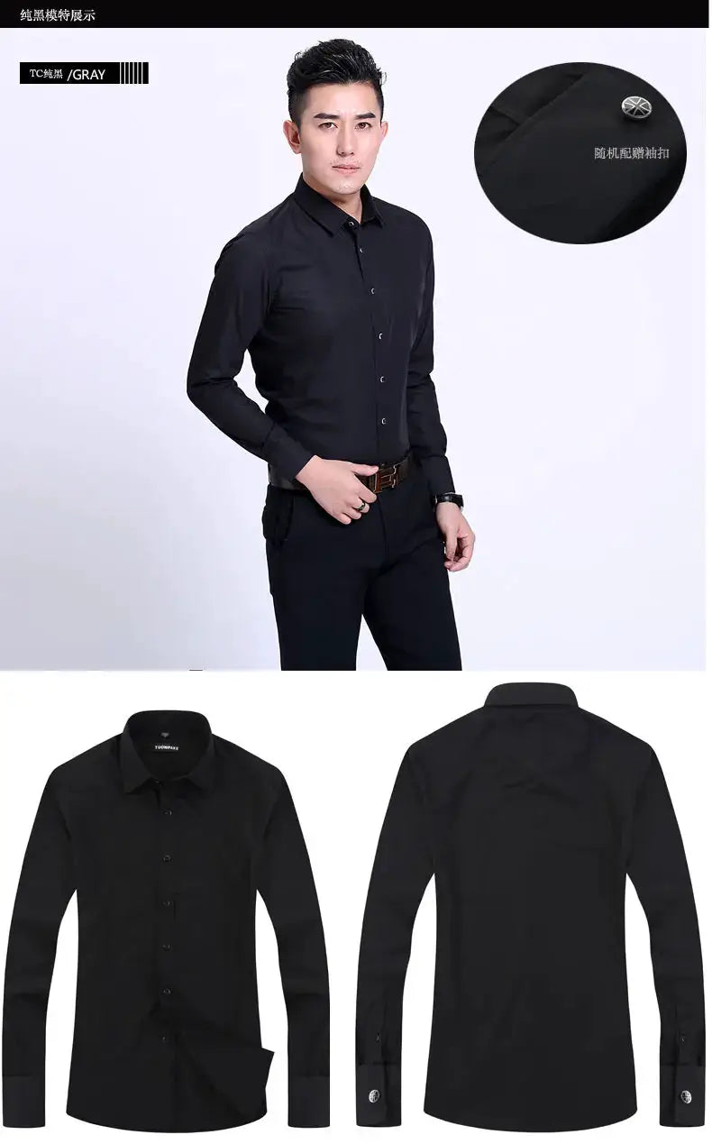 Men's black slim-fit dress shirt by Simples Market, long sleeves, front buttons, standard collar