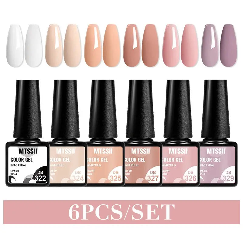 Gel nail polish set, 6-piece MTSSII color gels in nude-pink shades with swatches