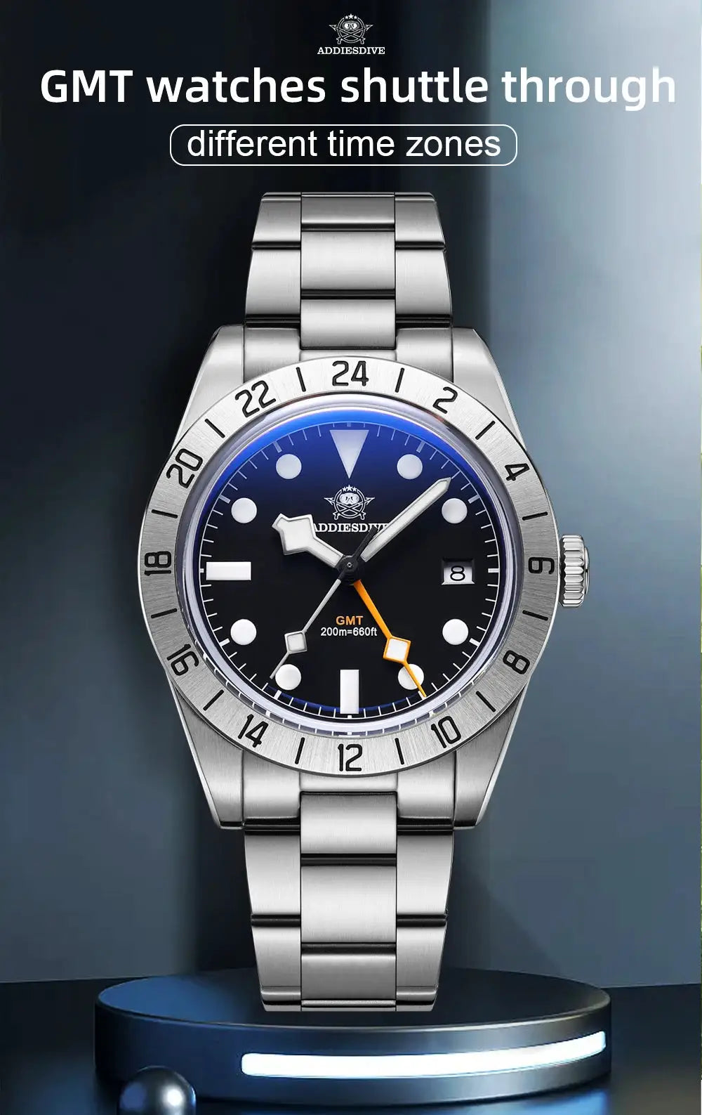 ADDIESDIVE stainless steel GMT watch with blue dial, 39mm, luminous markers, 24-hour bezel, 200m water resistant
