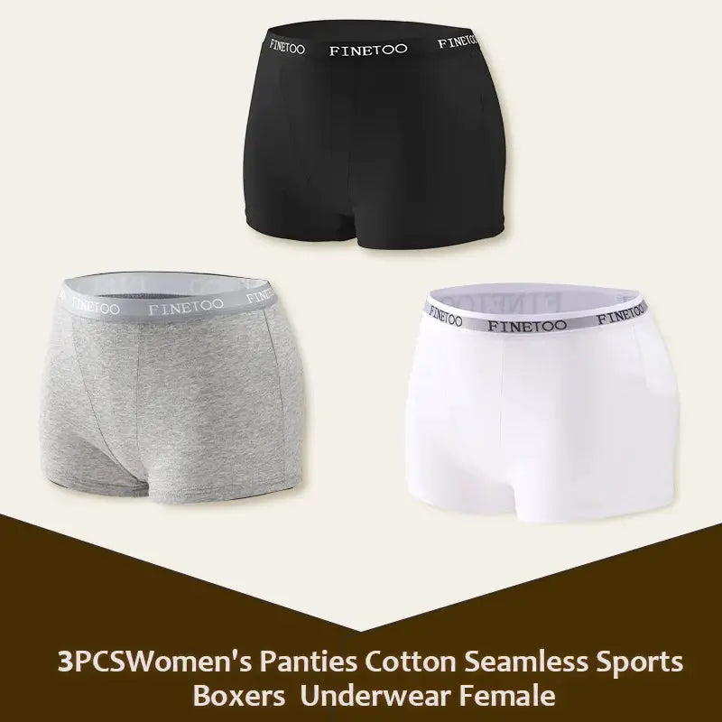 3-piece Finetoo women's cotton seamless sport boxers in black, gray, and white