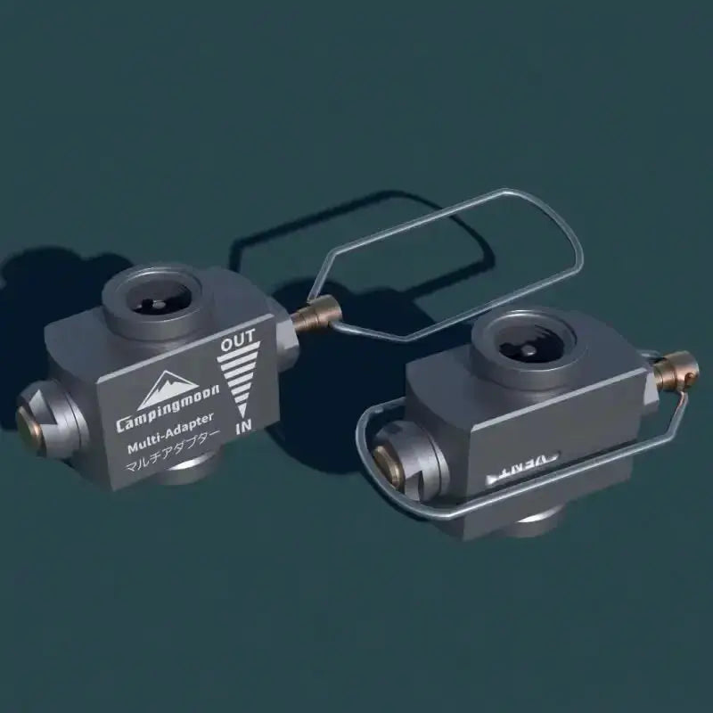 CampingMoon Z15 gas tank multi-adapter, two gray metal units with wire frame and pressure-relief valve