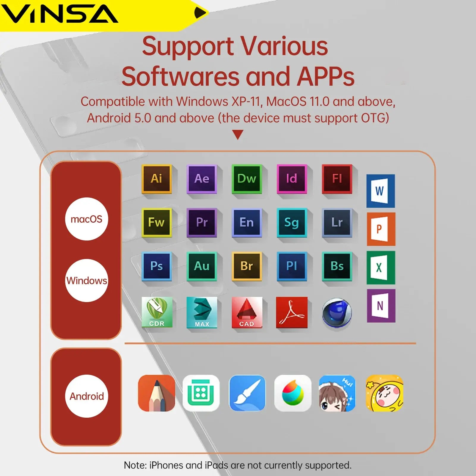 VINSA T1161 graphics drawing tablet with battery-free stylus, 8 nibs and 8192 pressure levels