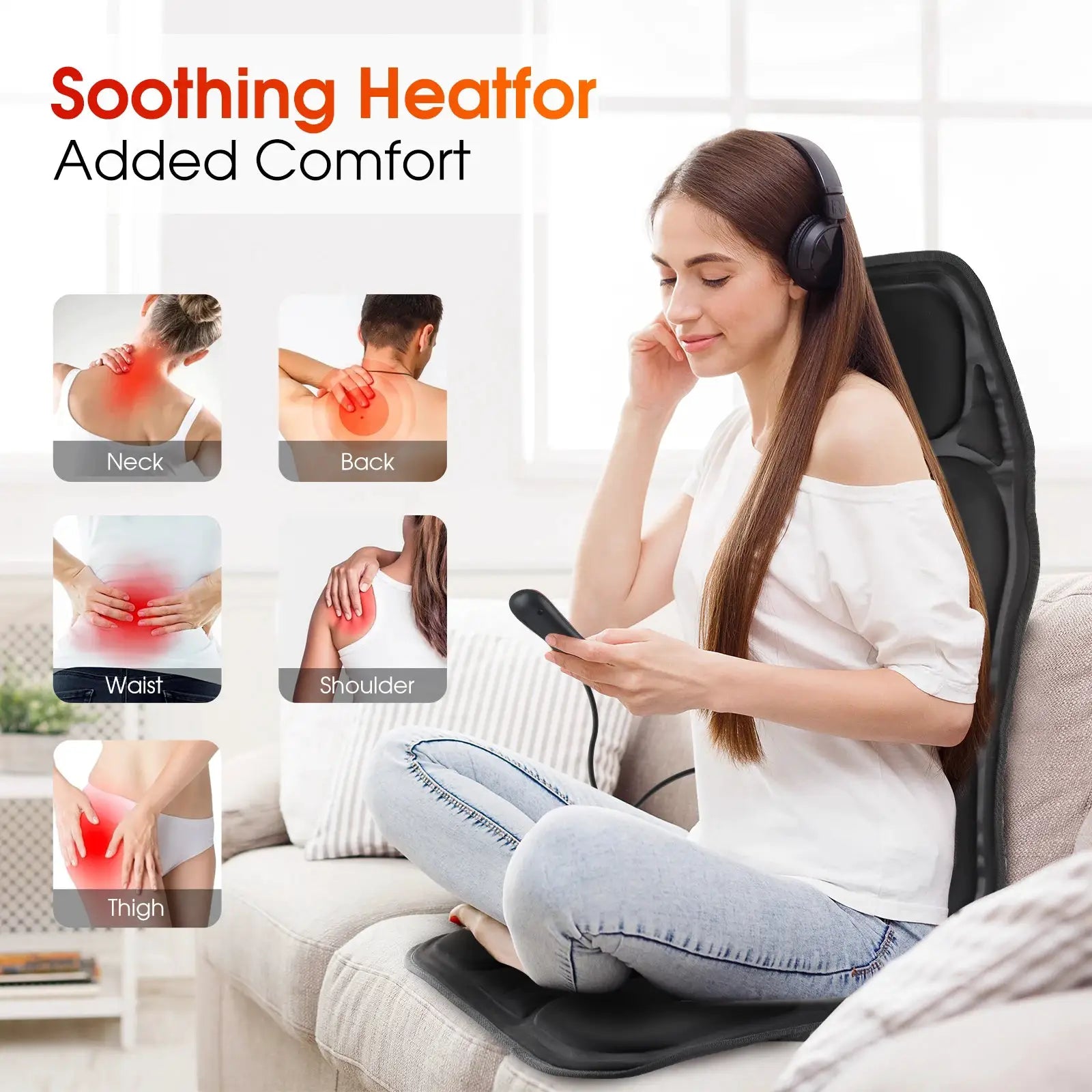Electric back massager chair cushion with infrared heating, black for home or office use