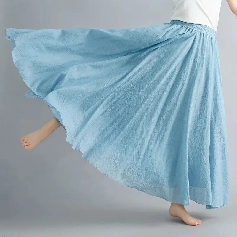 Simples Market solid light-blue cotton-linen long A-line skirt with elastic waist