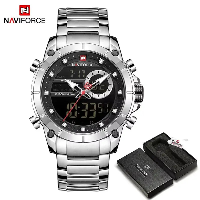Naviforce 9163 Luxury Sport Mens Wristwatch With Dual Analog Digital Display Stainless Steel Water Resistant