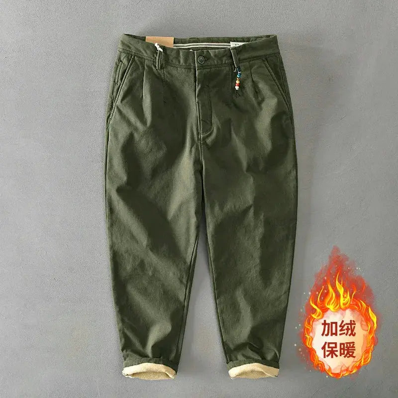 HIQOR 2025 men's winter pants, olive army-green cotton cargo-style with fleece-lined cuffs