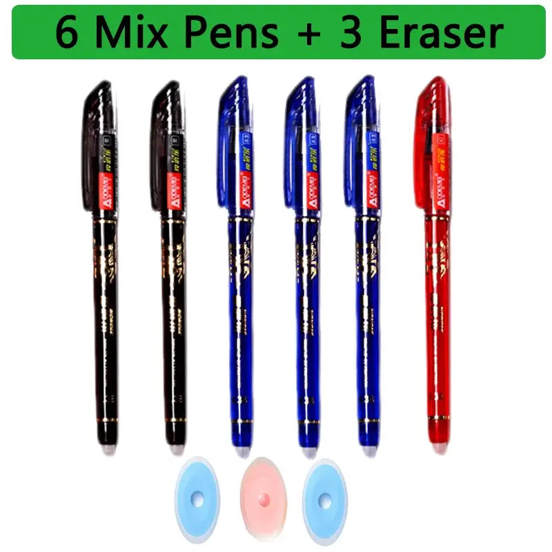 Six mixed erasable gel pens (2 black, 3 blue, 1 red) with gold trim, plus three pastel erasers.