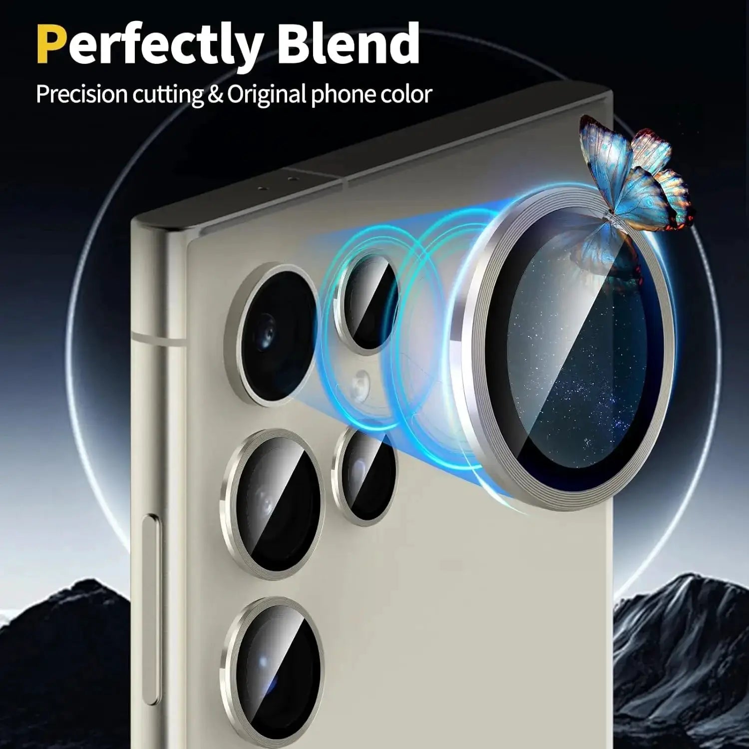 Lens ring back camera glass cover for Samsung Galaxy phones; silver frames around rear lenses