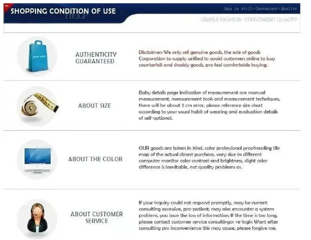 Shopping condition of use infographic with icons for authenticity guaranteed, size guidance, color info, and customer service.