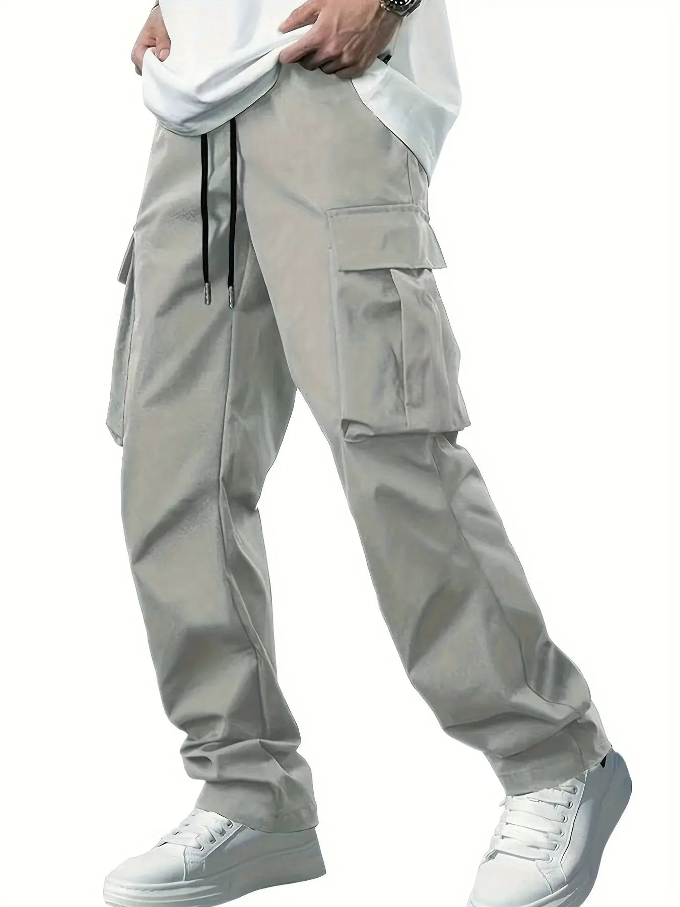 Men's light gray cargo work pants with drawstring waist and multiple pockets