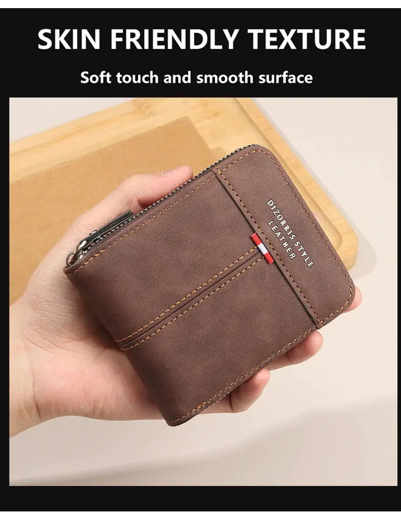 Men's brown leather wallet with zipper, three-fold design