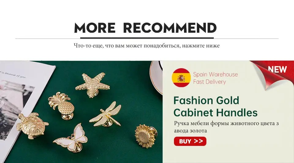 Fashion Gold Cabinet Handles banner featuring gold-tone cabinet hardware against a green background.