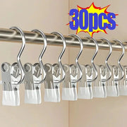 Stainless steel clothespins room organizer set, 30pcs, metal clips with white plastic tips on a hanging rod