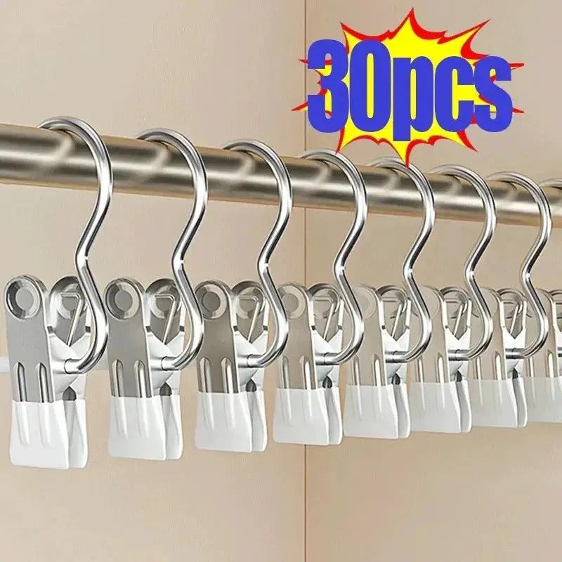 Stainless steel clothespins room organizer set, 30pcs, metal clips with white plastic tips on a hanging rod