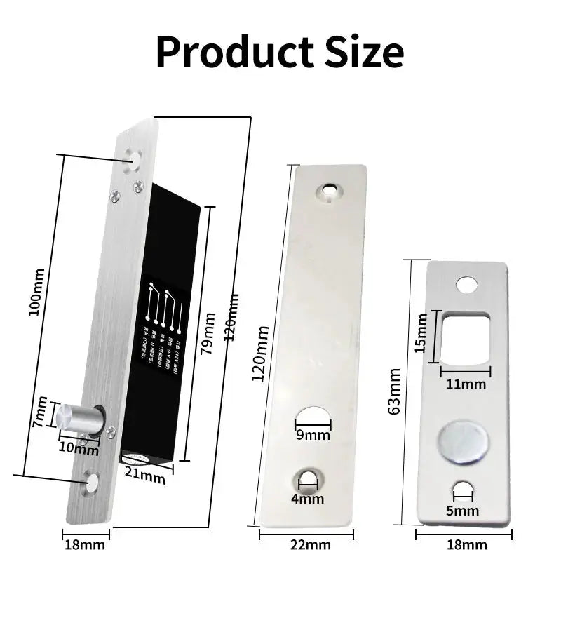 Simples Market three-piece electronic bolt lock DC12V; metal body with mounting plates, normally open/closed.