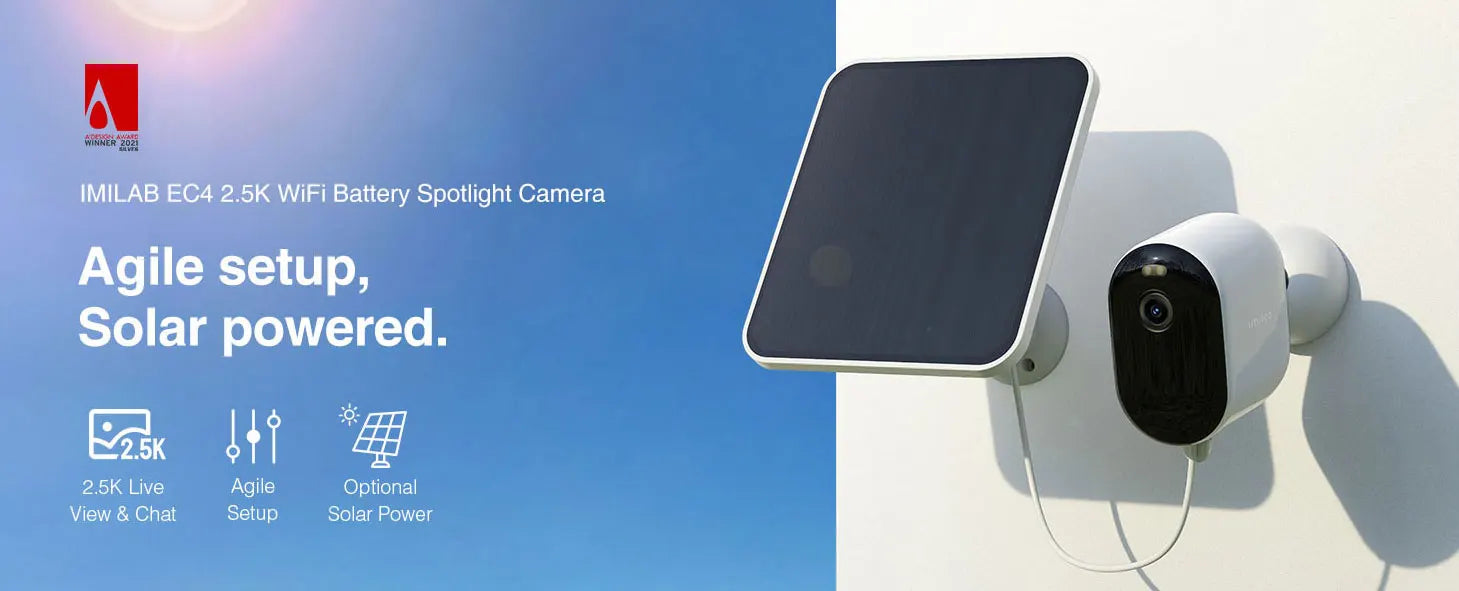 IMILAB EC4 outdoor security camera with white housing, solar-powered, Simples Market