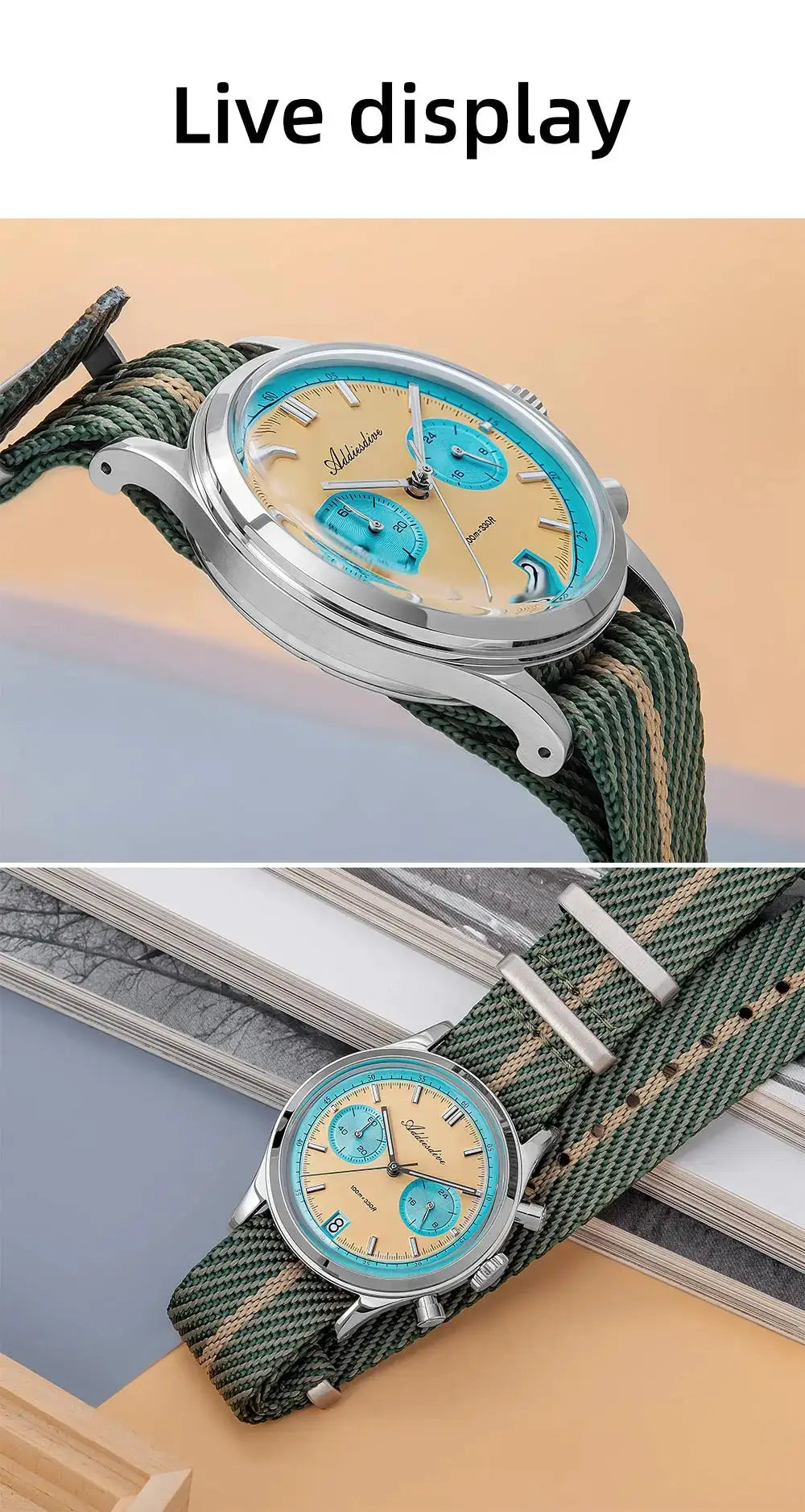 Addiesdive men's wristwatch with beige dial, turquoise subdials, stainless steel case, and green striped fabric strap.