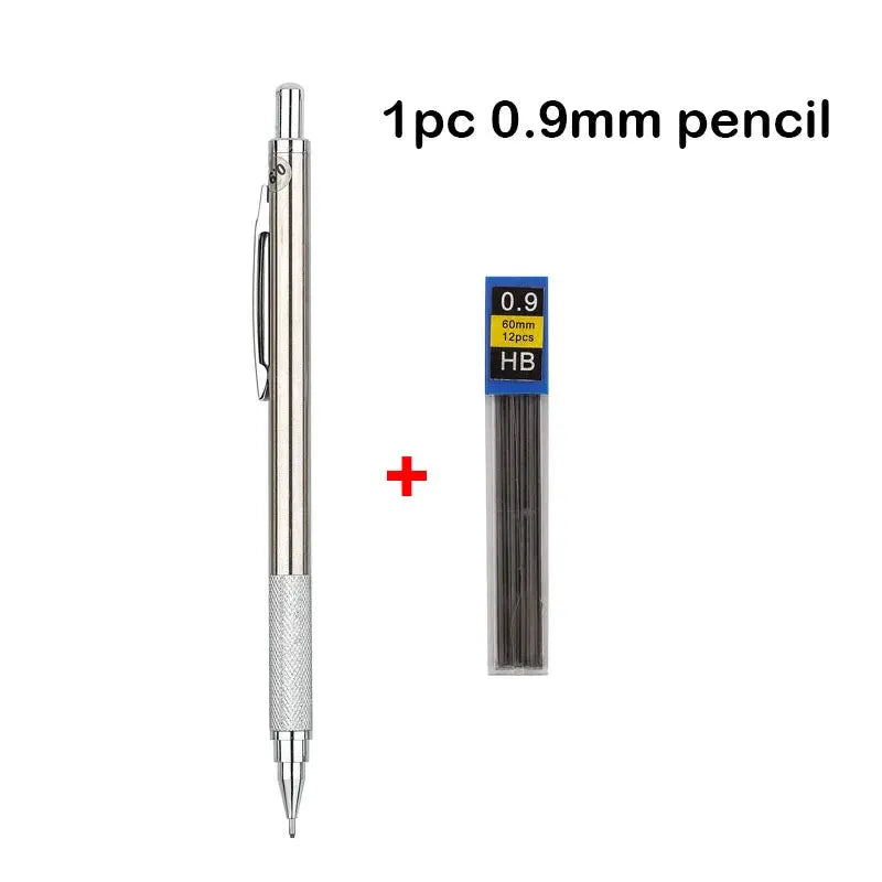 Simples Market 2-piece mechanical pencil set; full metal silver pencil with clip, plus 0.9mm HB lead pack