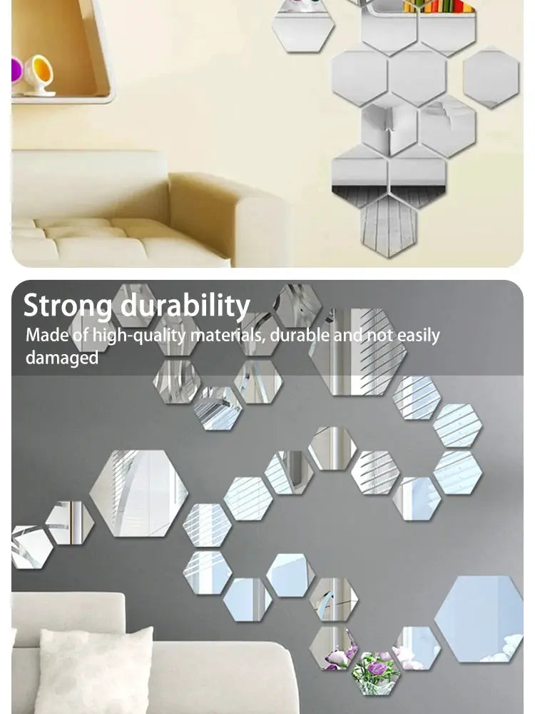 Hexagonal acrylic mirror wall stickers, 12-piece set for crystal-style wall decor.
