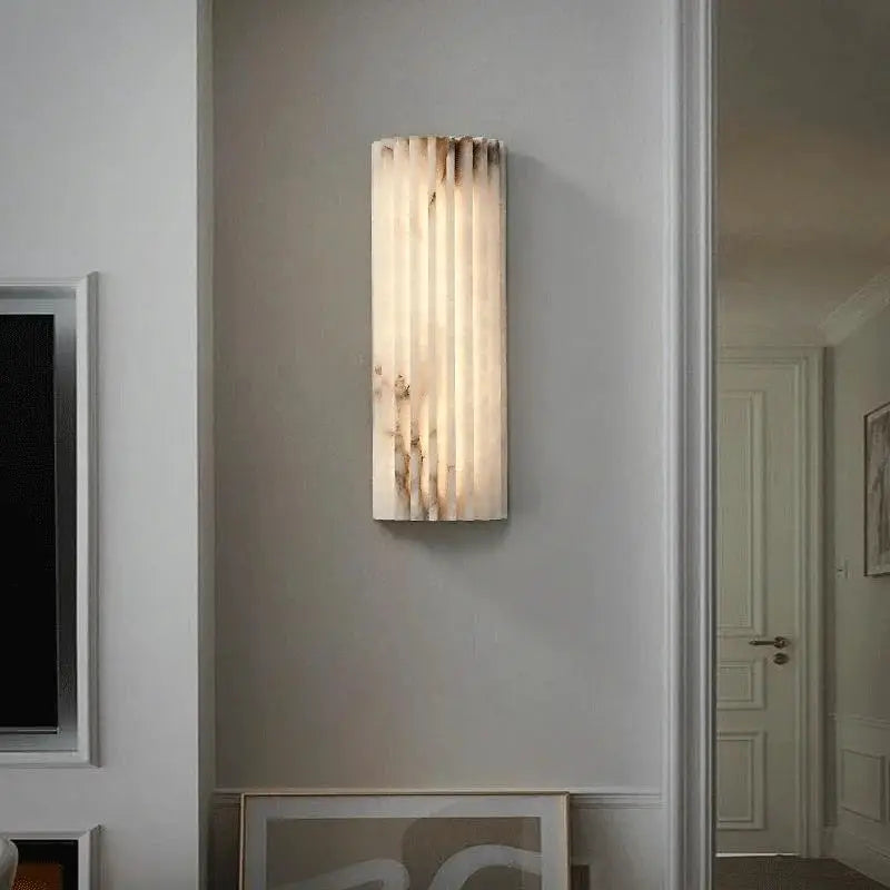 Marble wall lamp sconce with vertical ribbed pattern, white with brown veins, Italian-style