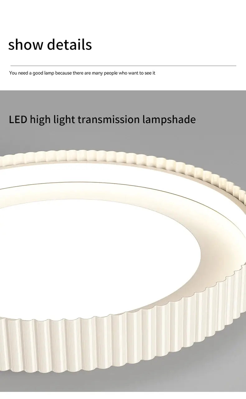 Modern round LED ceiling light by Simples Market; white ribbed metal ring for living/dining.