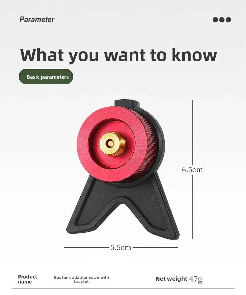 Simples Market butane adapter with bracket, red wheel and brass nozzle on black stand