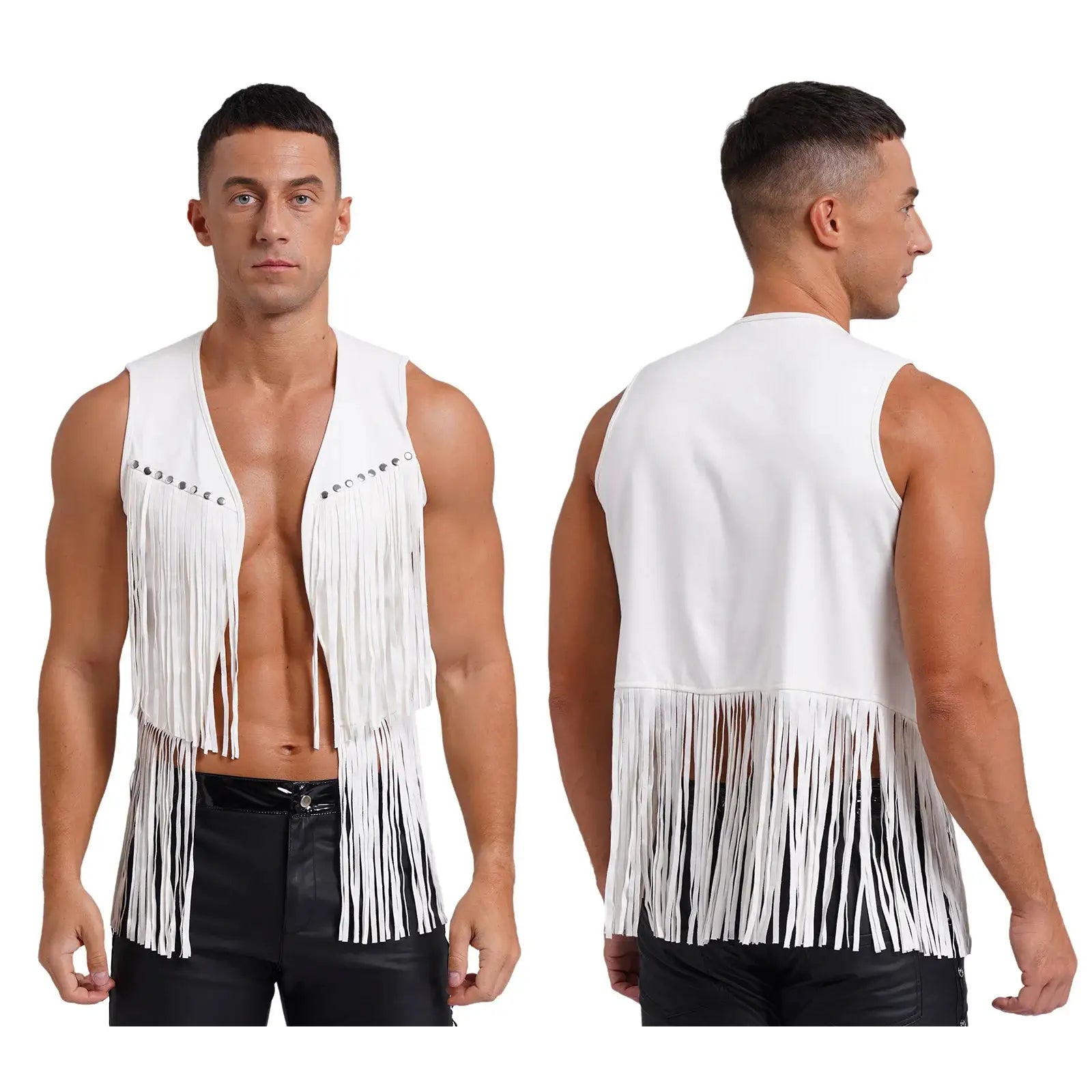 Mens faux suede tassel vest in white with fringe trim and rivet accents, sleeveless open-front waistcoat