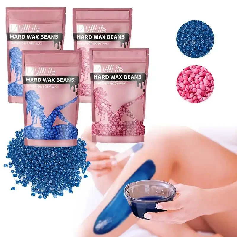 Simples Market hard wax beans kit, four pink packets with blue beads for body hair removal