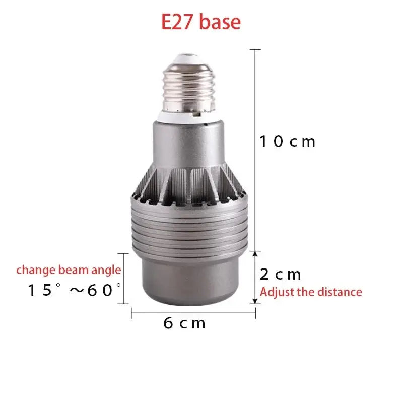 Focusing LED Spotlight with E27 base, metal body, adjustable 15–60° beam, warm to neutral light (110–220V).