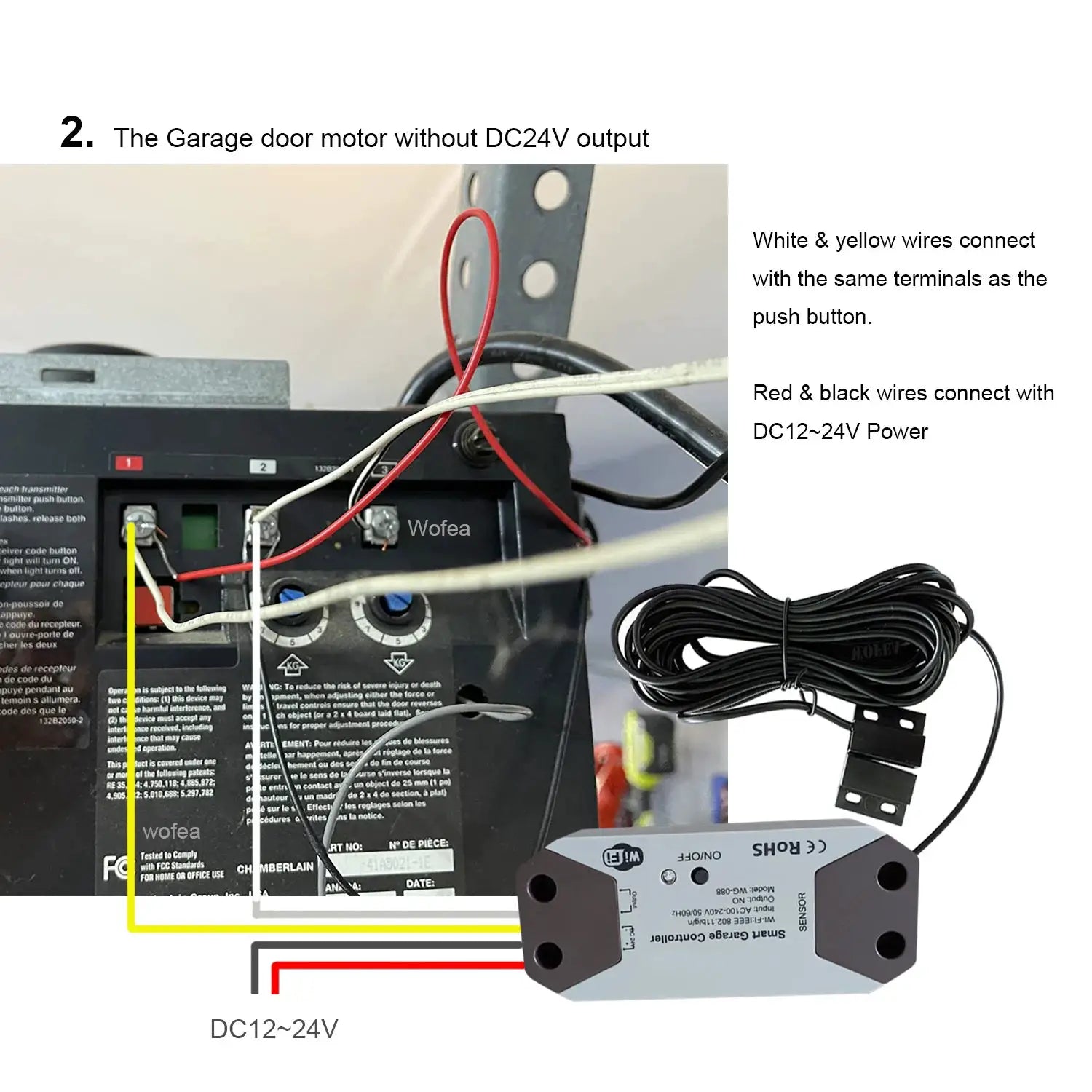 Wofea WiFi Smart Garage Door Controller module, gray unit with red, white and black DC12-24V power wires