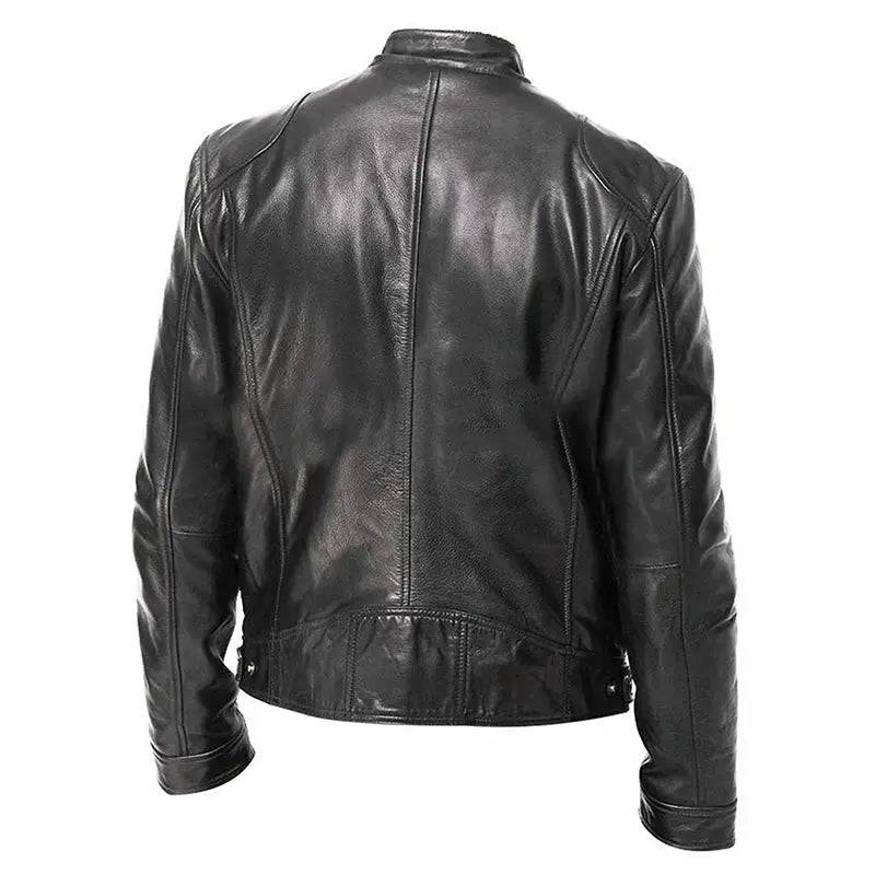Men's black PU leather motorcycle jacket, slim fit, back view with seam detailing