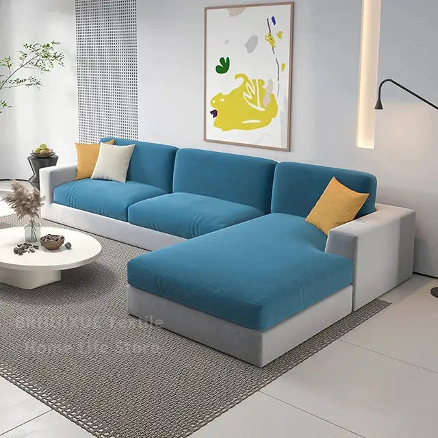 Velvet sofa cushion cover set by Simples Market in blue for L-shaped sectional, 4-piece.