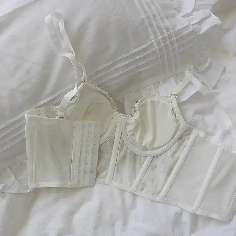 White lace longline bra corset set with boned panels and adjustable straps, Simples Market