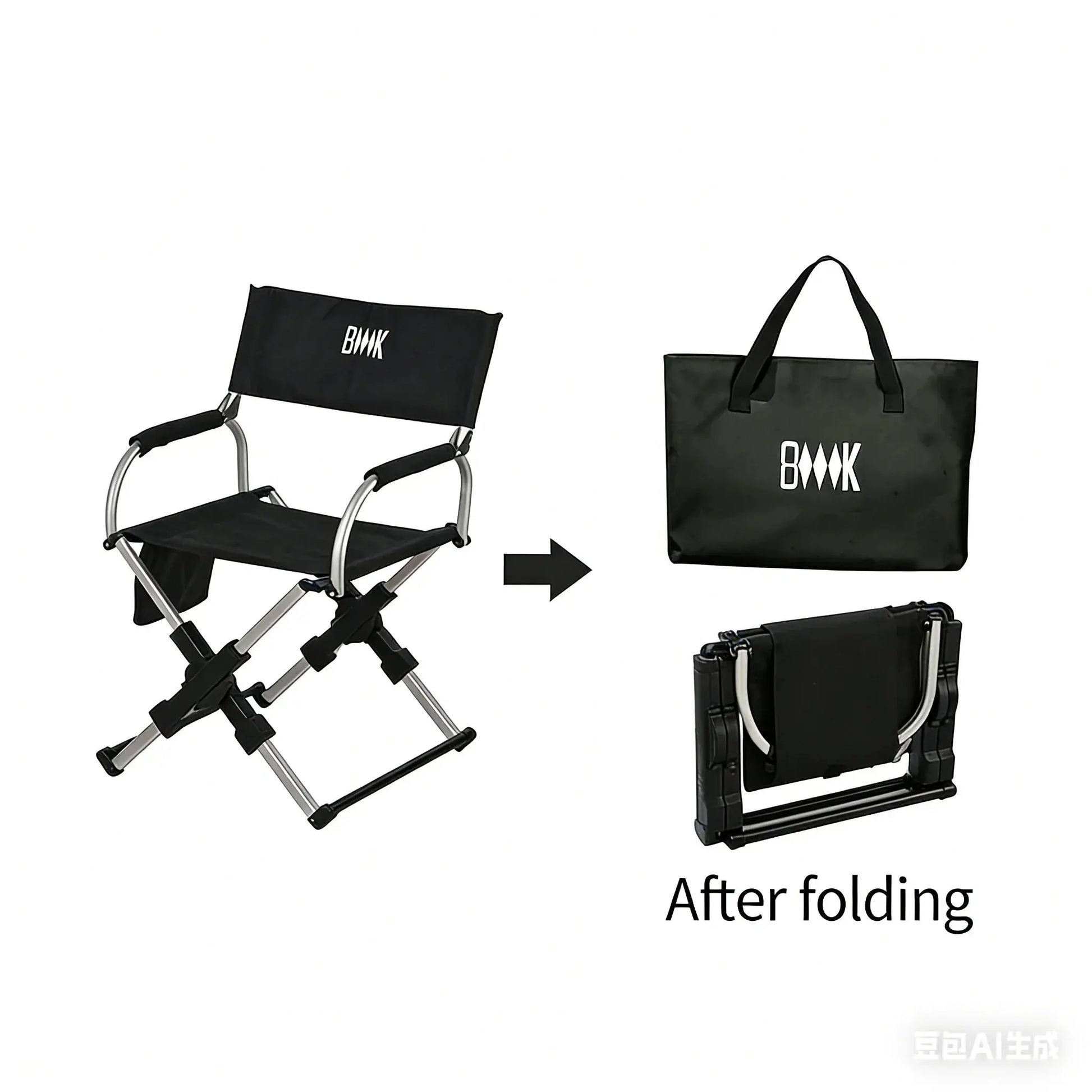 Outdoor foldable director chair with aluminum alloy frame and black fabric; BMK tote bag included (2-item set)