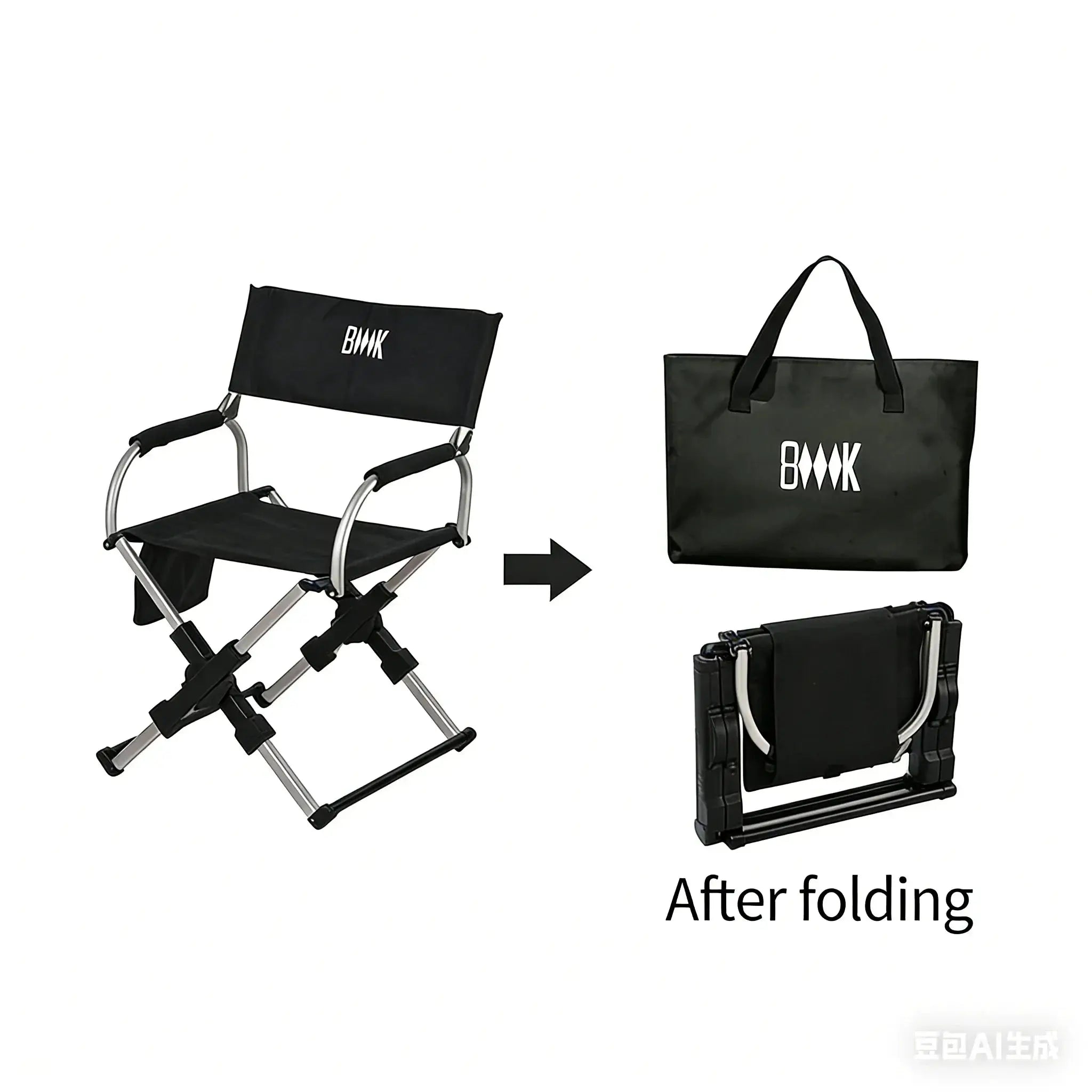 Outdoor foldable director chair with aluminum alloy frame and black fabric; BMK tote bag included (2-item set)
