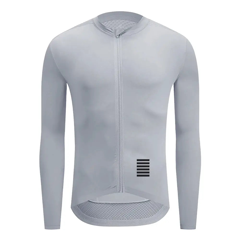 YKYWBIKE men's cycling jersey, light gray long-sleeve, full-zip with high collar, barcode graphic
