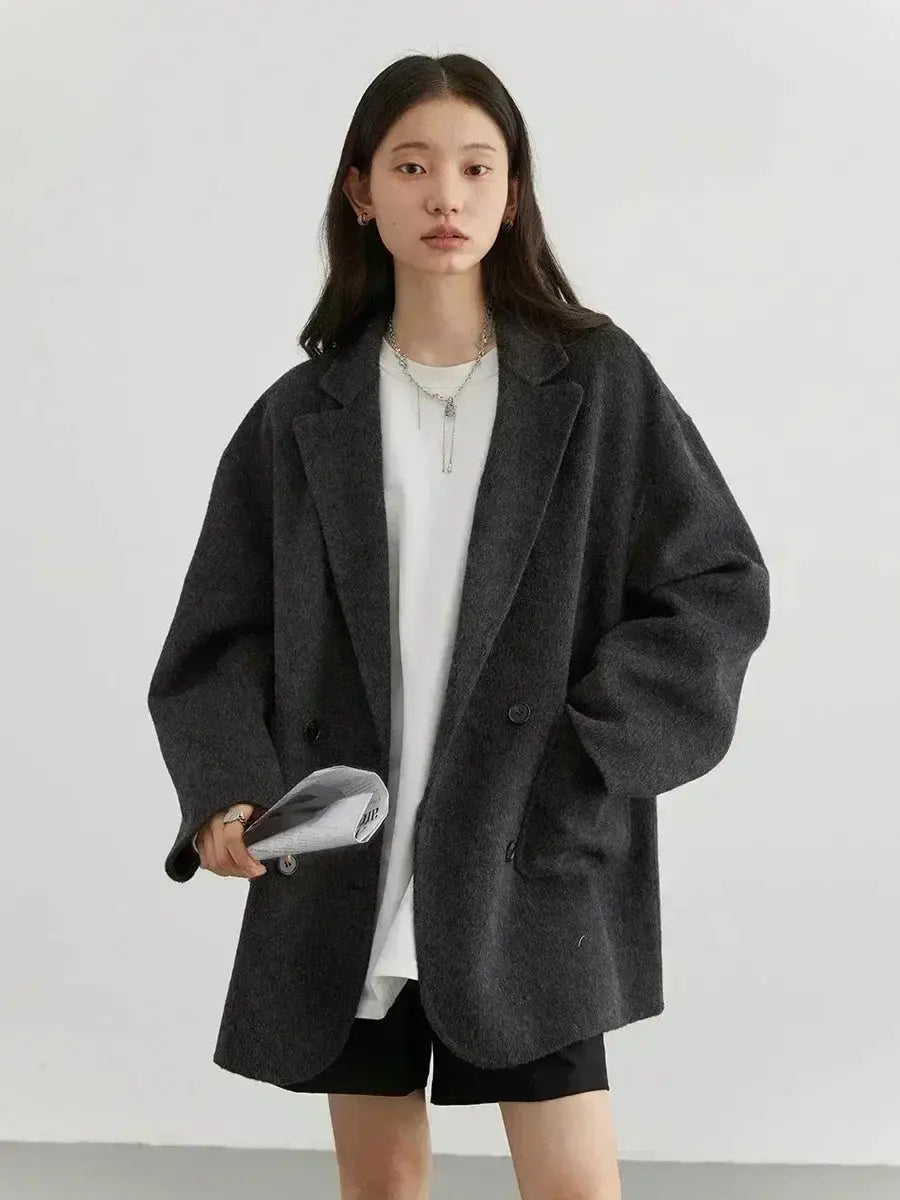 Chic Ven Womens Woolen Coat Loose Casual Fit Retro Double Breasted Outerwear For Autumn And Winter