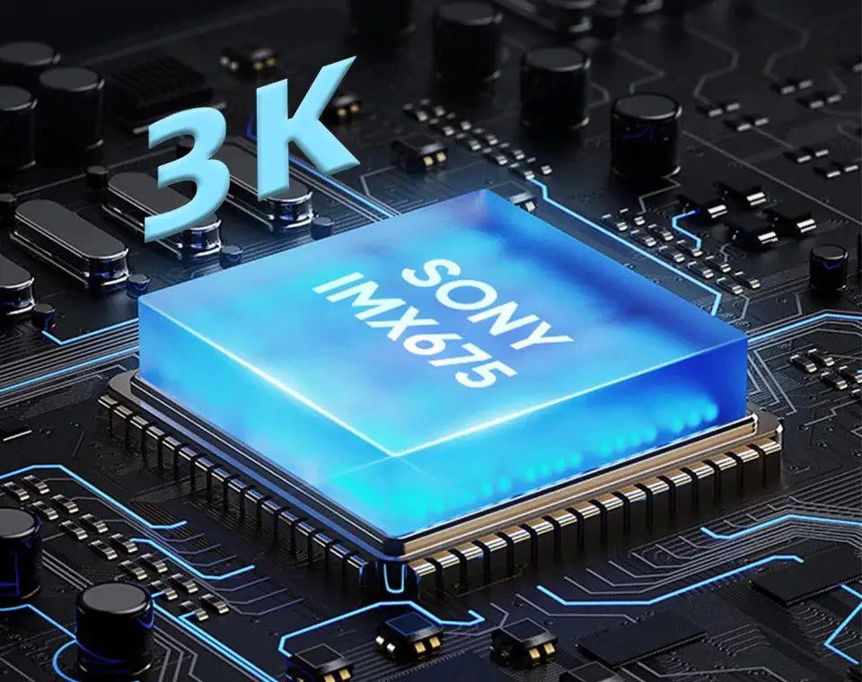 Rearview dash cam S500 motherboard close-up showing blue Sony IMX378 3K processor
