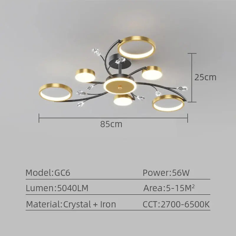 IRALAN modern ceiling chandelier by Simples Market; crystal and iron frame with gold LED rings, 85cm wide