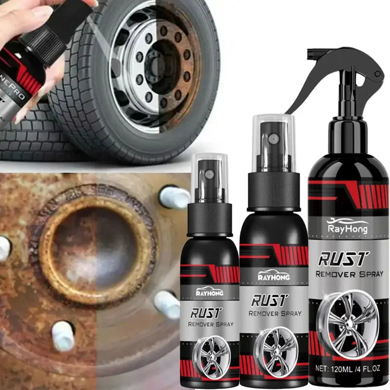 RayHong Rust Remover Spray set for car wheels and metal surfaces; three black bottles (30/100/120 ml)