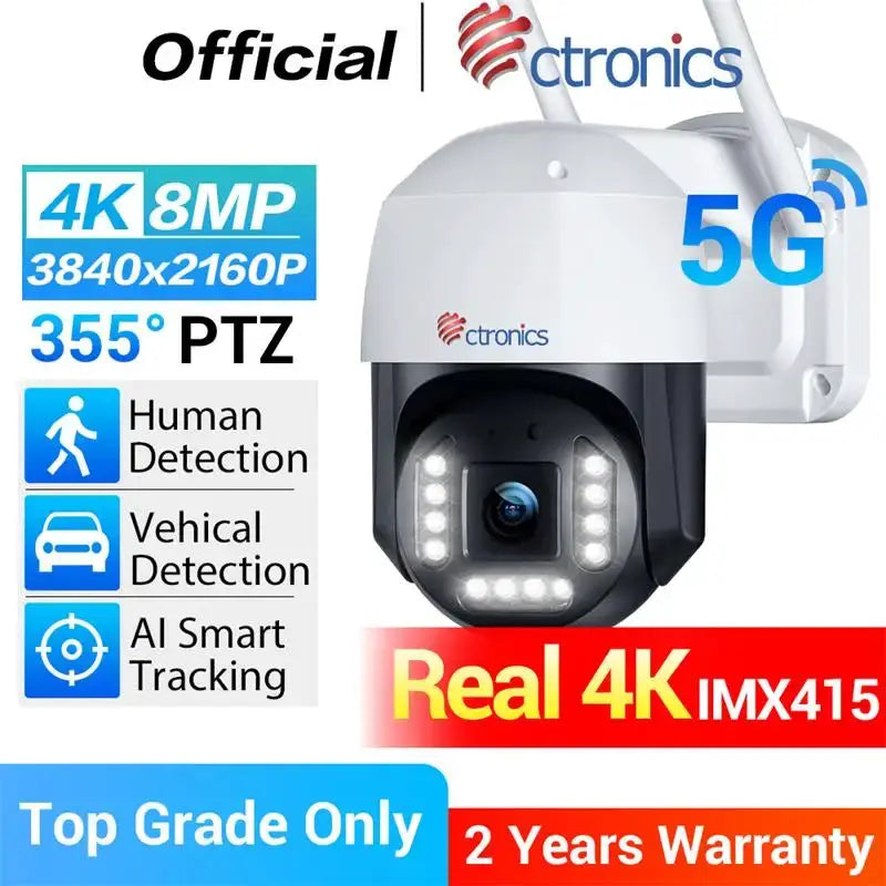 Ctronics Real 4K Outdoor Surveillance Camera with 5G WiFi, 8MP 3840x2160, PTZ 355°, AI smart tracking