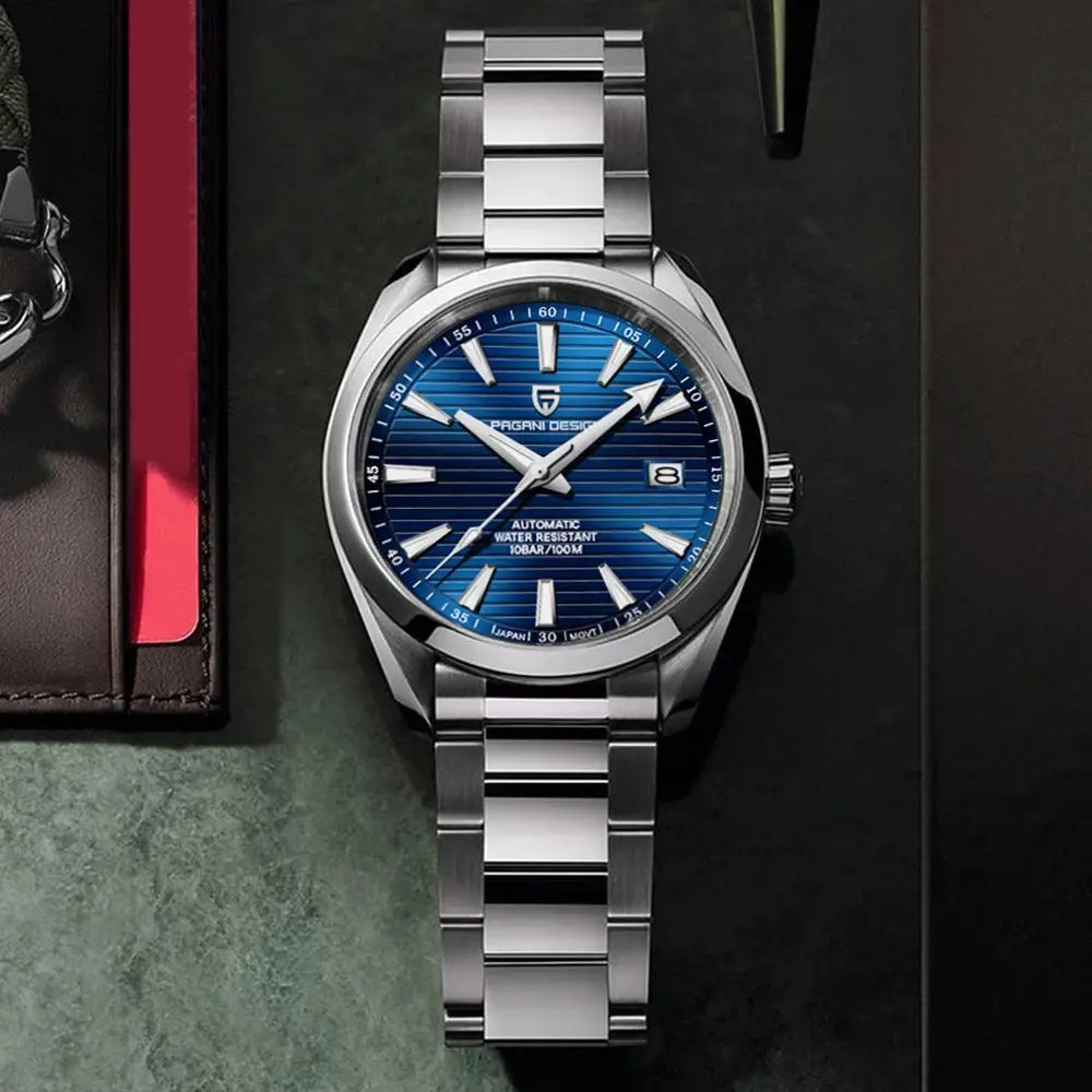 PAGANI DESIGN A150 40mm stainless steel men's automatic watch with blue dial, date window, 100m water resistance