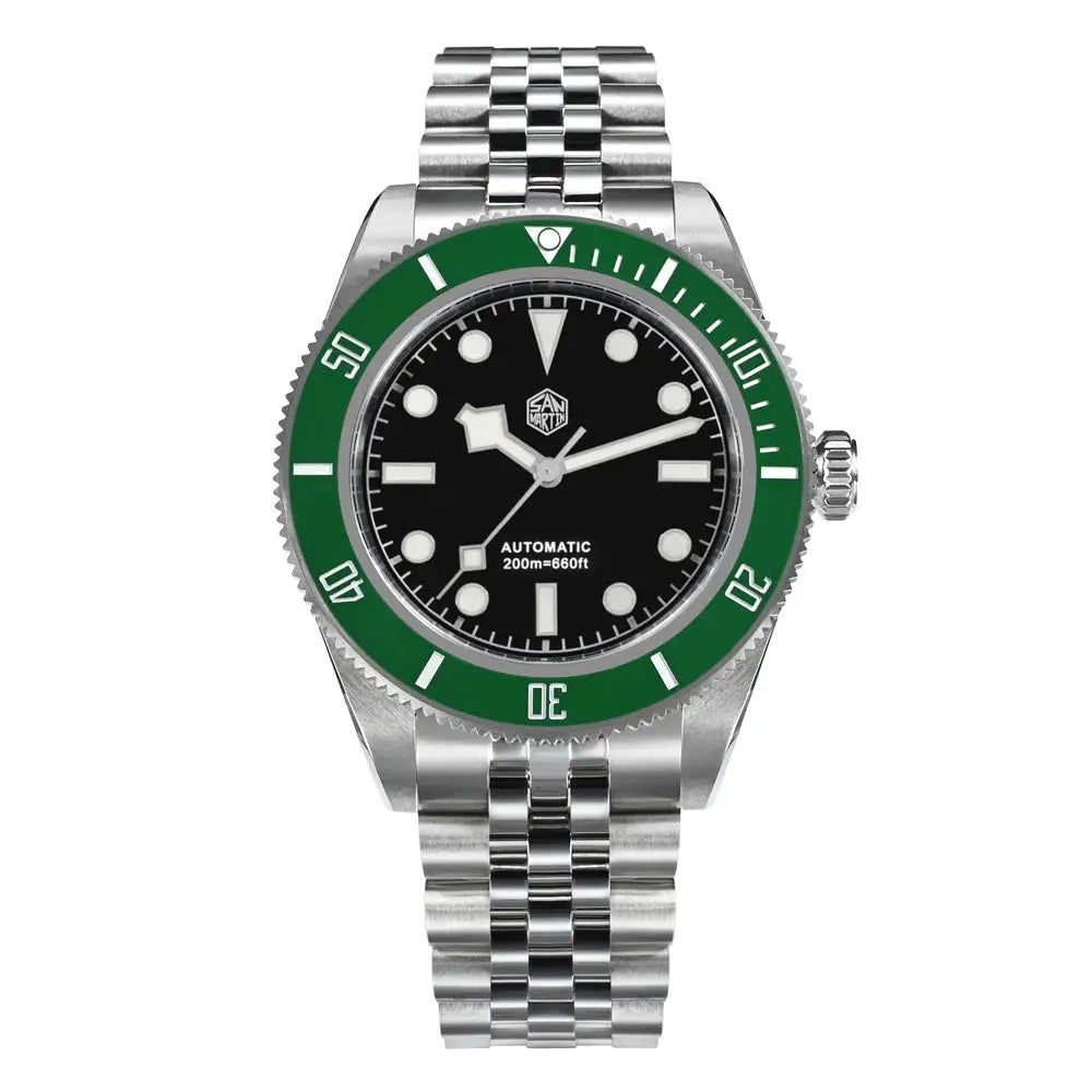 San Martin 40mm BB diver watch; green bezel, black dial, stainless steel bracelet, NH35 automatic movement