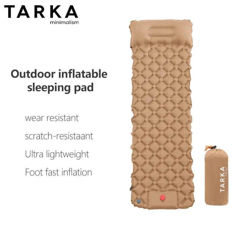 TARKA inflatable outdoor sleeping pad, tan ultralight with carry bag.
