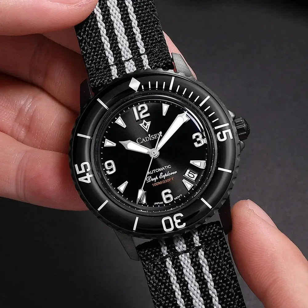 CADISEN Deep Explorer automatic watch with black dial, luminous hands, 100m water resistant, striped canvas strap