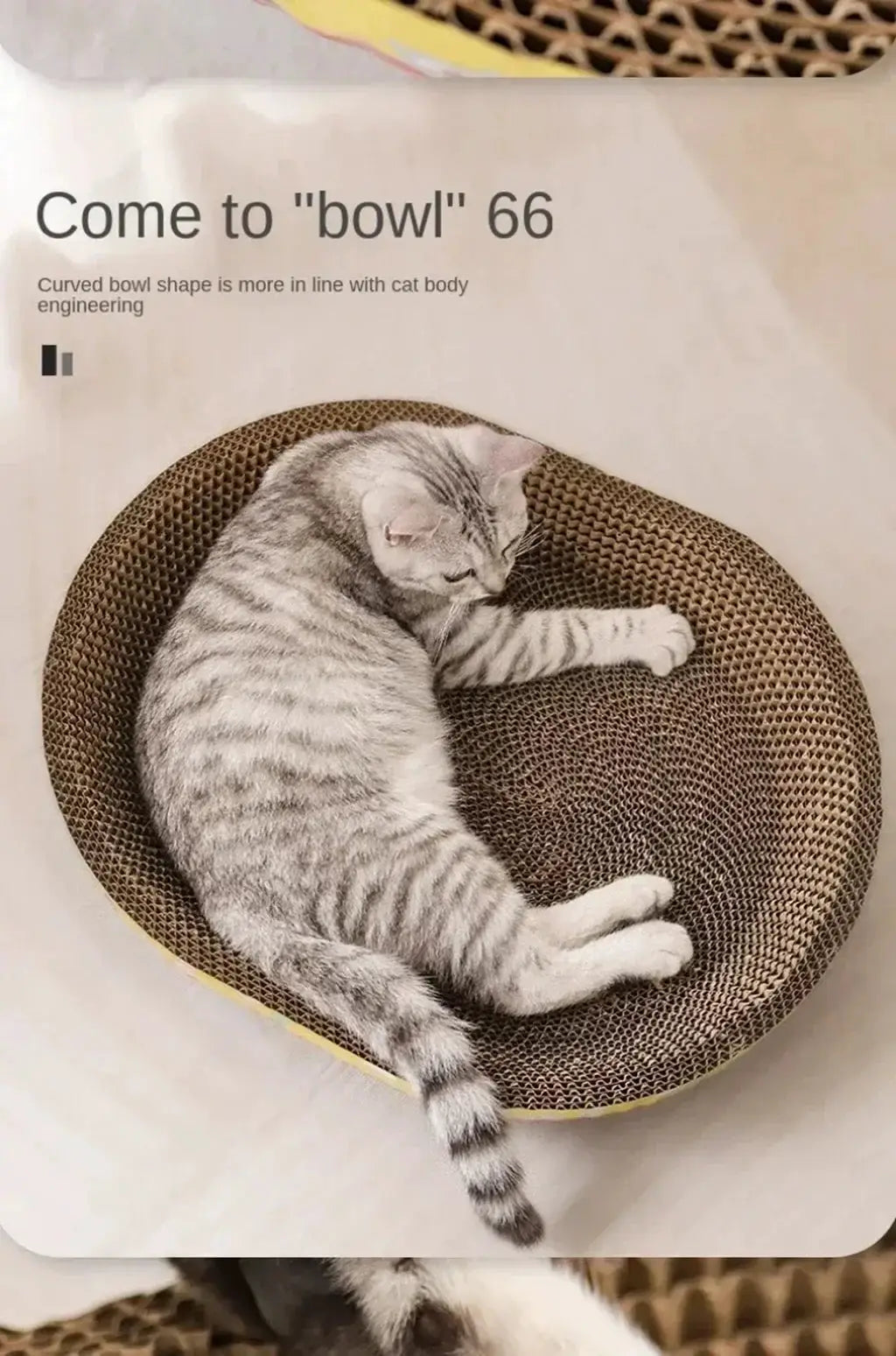Cat scratching board oval nest made of brown corrugated cardboard with a gray tabby cat resting inside