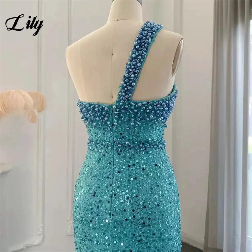 Lily Blue Prom Dress One Shoulder Sleeveless Mermaid Gown Rhinestones