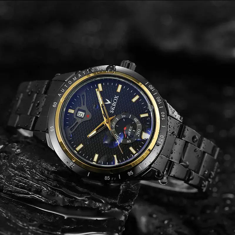 SKROX luxury sapphire stainless steel automatic men's wristwatch with blue textured dial and gold-tone hands